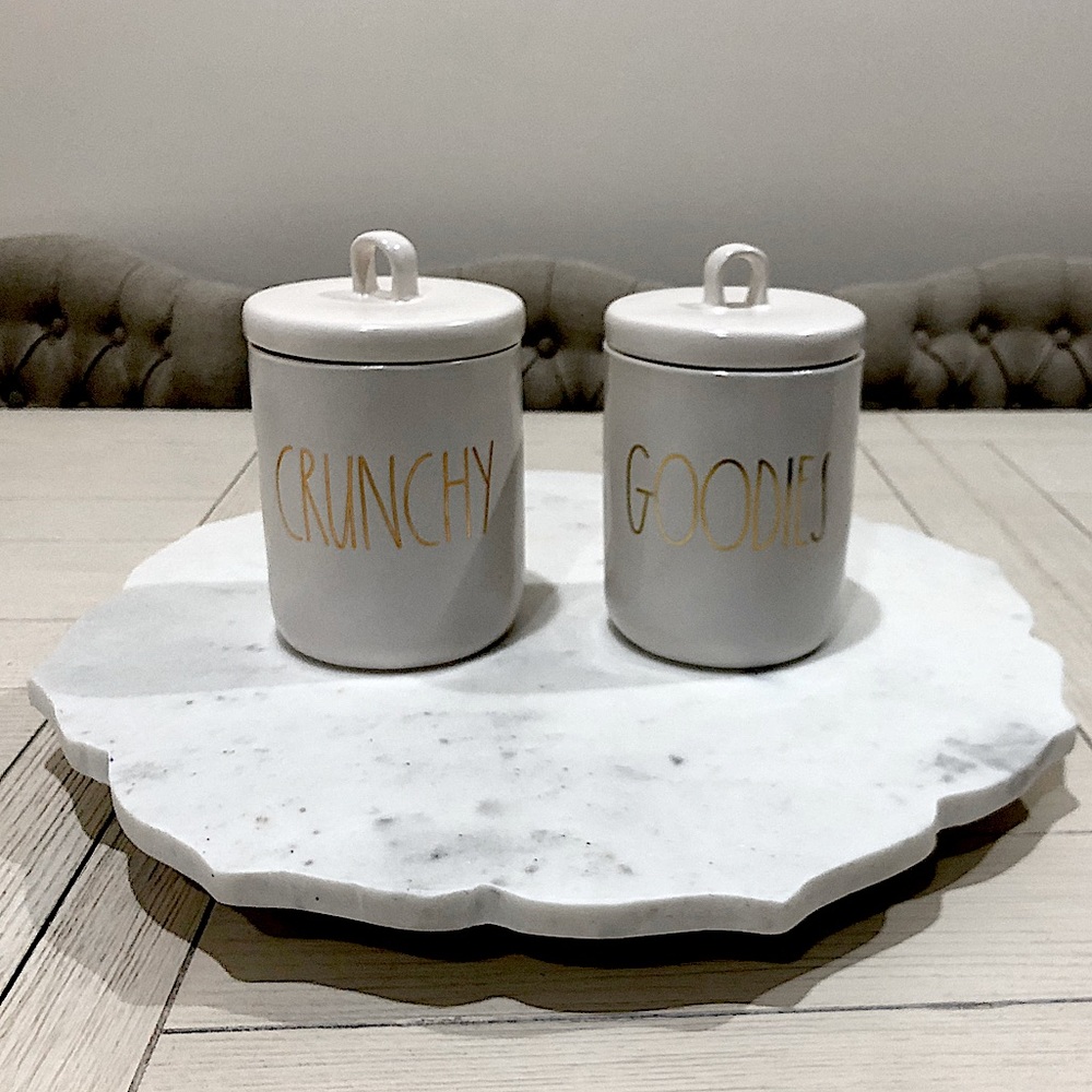 TWO Rae Dunn Canisters crunchy goodies snack jar